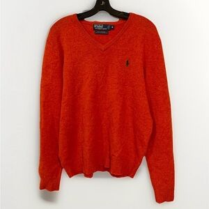 Vintage Polo Ralph Lauren Mens V Neck Sweater 100% Lambs Wool Orange Size M